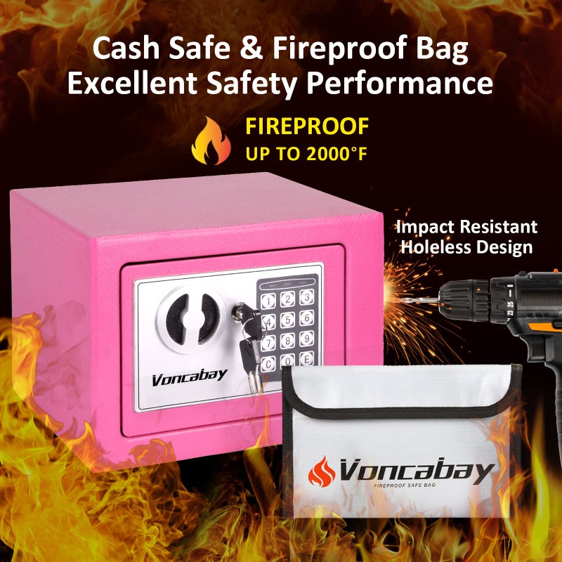 Voncabay Cute Money Safe Box for Home with Sensor Light & Fireproof Money Bag for Cash Safe  Security Safe Box for Money Safe with Keys & Pass Code  Lock Box Fireproof Pink Safe with Digital Keypad - Image 3
